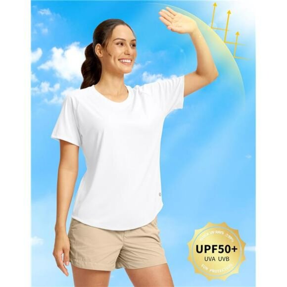Womens UPF 50 Sun Shirt Short Sleeve Quick Dry Hiking Workout Athletic Top - Picture 2 of 8